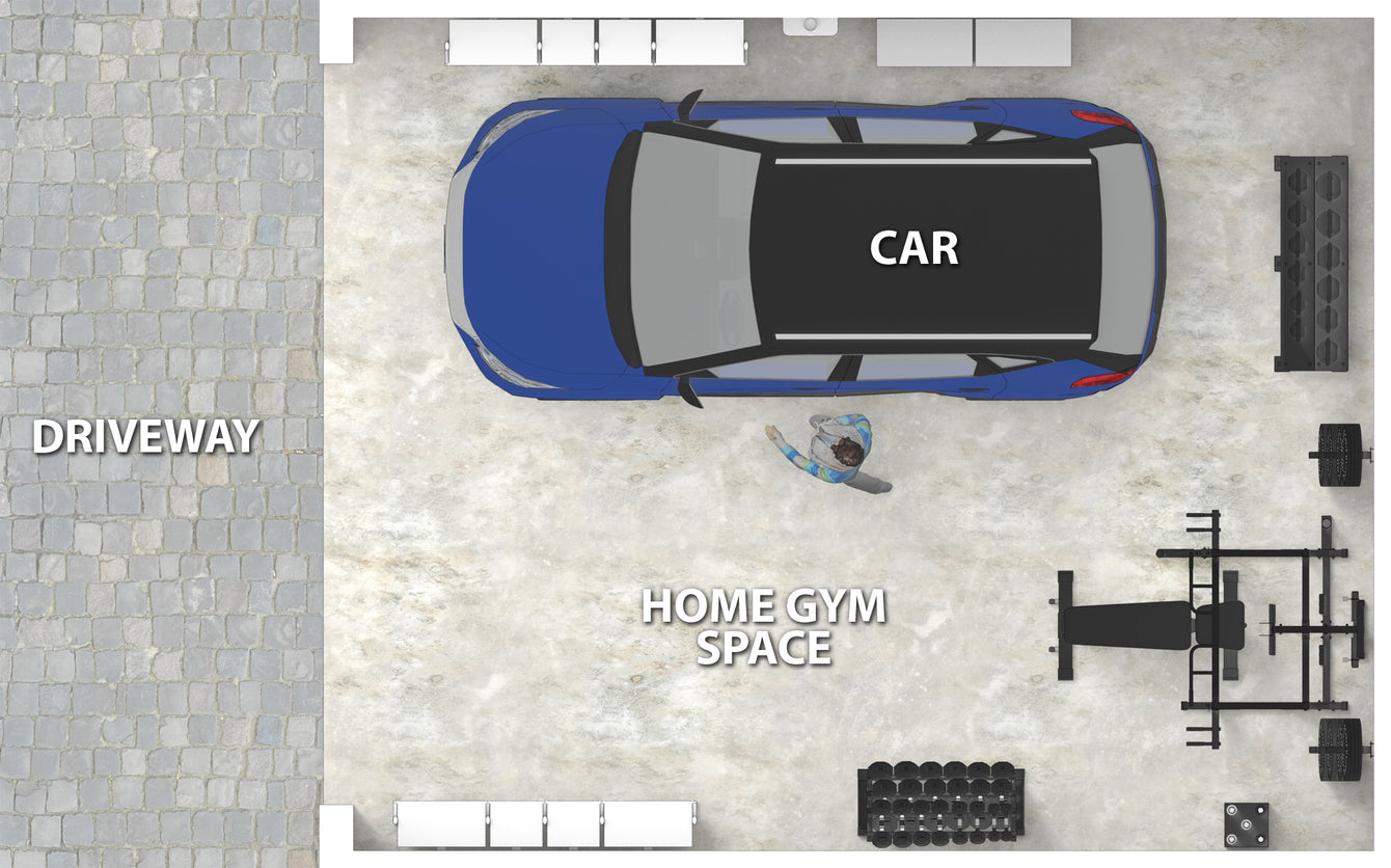 a garage with a car on one side, and a weightlifting gym setup on the other side