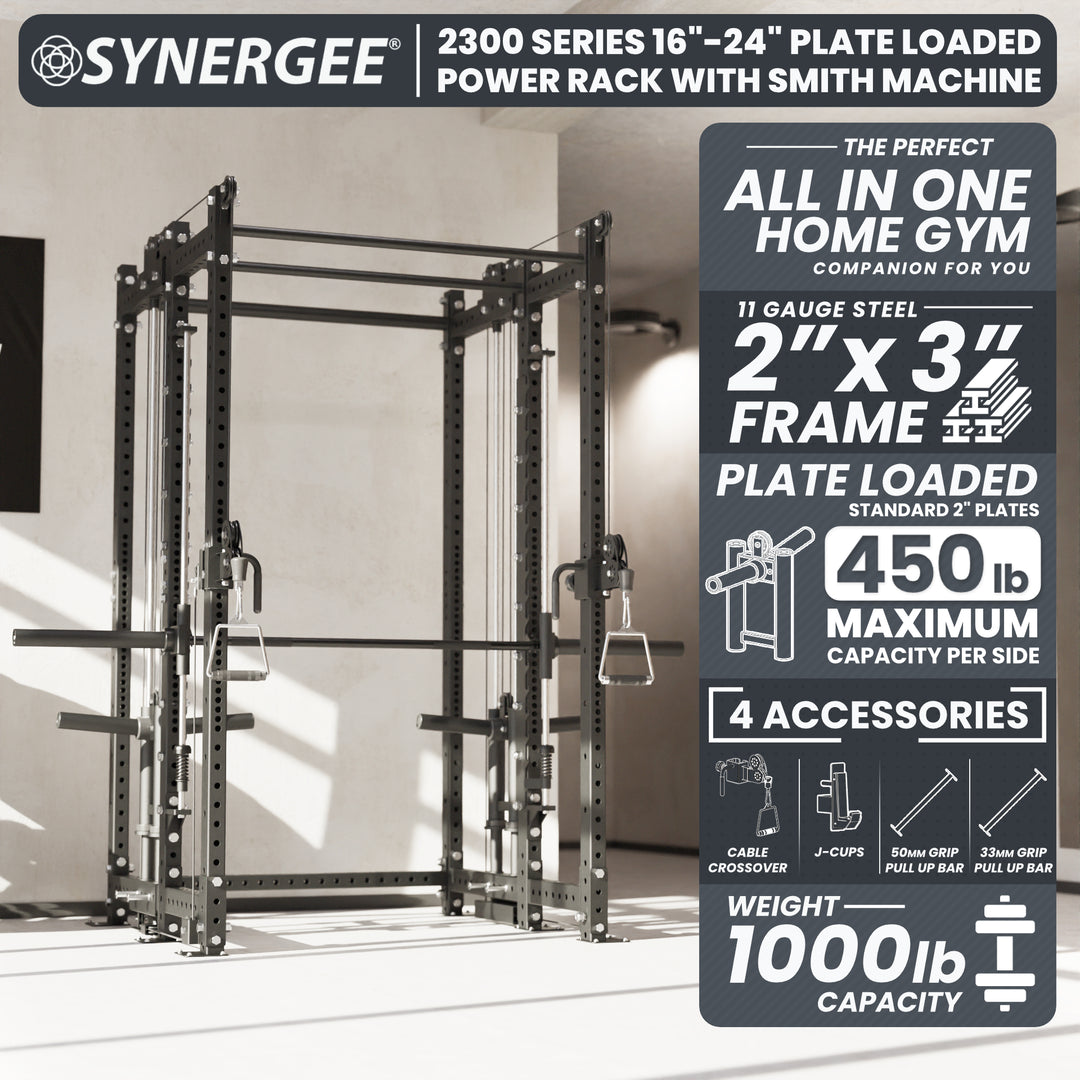 Synergee 2300 Series Power Cage with Plate Loaded Cable Cross Overs and Smith Machine