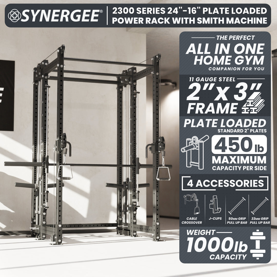Synergee 2300 Series Power Cage with Plate Loaded Cable Cross Overs and Smith Machine