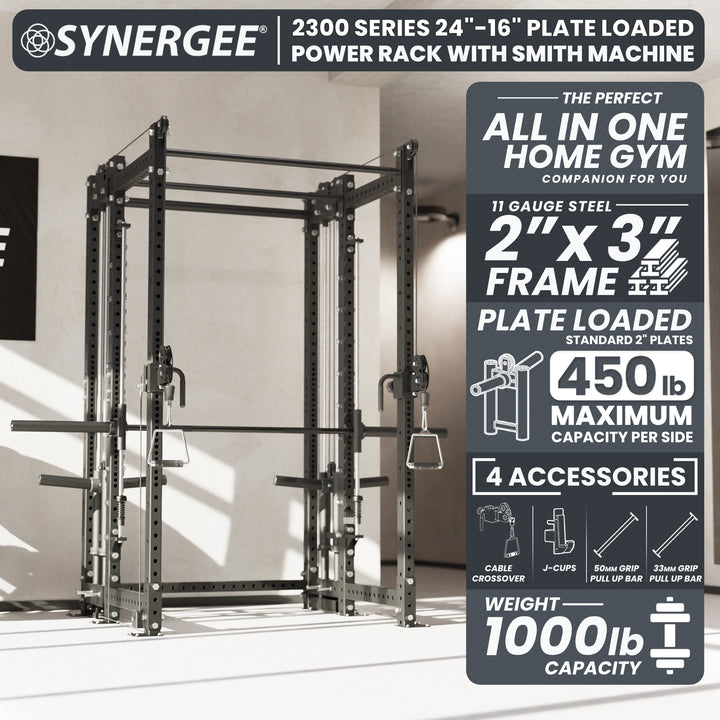 Synergee 2300 Series Power Cage with Plate Loaded Cable Cross Overs and Smith Machine