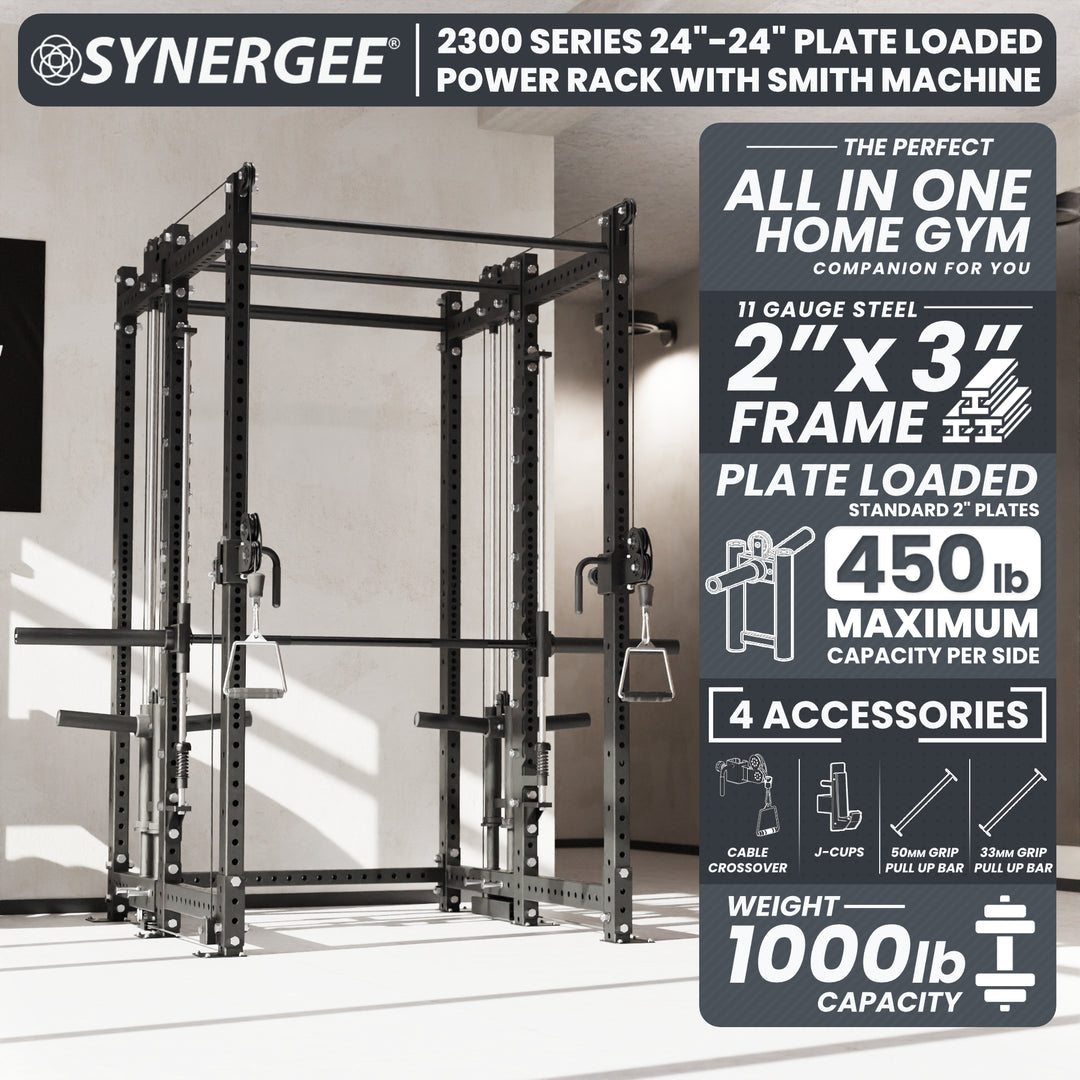 Synergee 2300 Series Power Cage with Plate Loaded Cable Cross Overs and Smith Machine