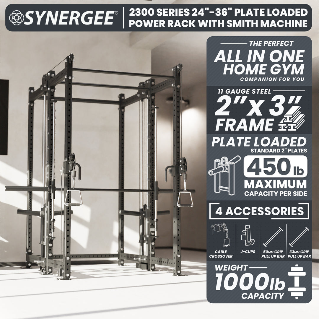 Synergee 2300 Series Power Cage with Plate Loaded Cable Cross Overs and Smith Machine