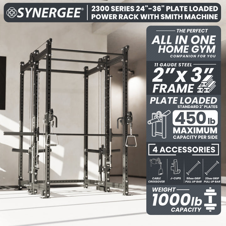 Synergee 2300 Series Power Cage with Plate Loaded Cable Cross Overs and Smith Machine