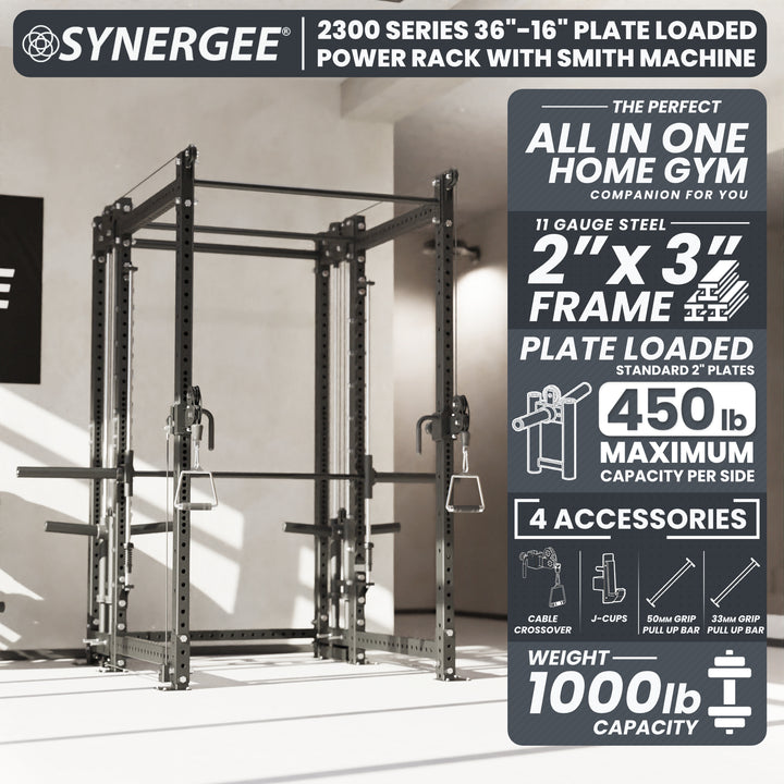 Synergee 2300 Series Power Cage with Plate Loaded Cable Cross Overs and Smith Machine