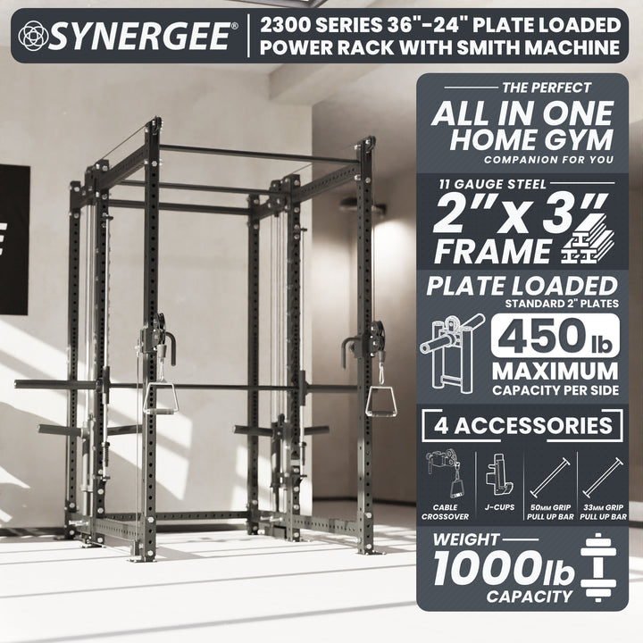 Synergee 2300 Series Power Cage with Plate Loaded Cable Cross Overs and Smith Machine