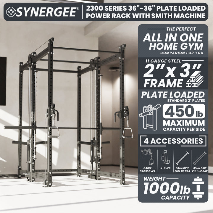 Synergee 2300 Series Power Cage with Plate Loaded Cable Cross Overs and Smith Machine