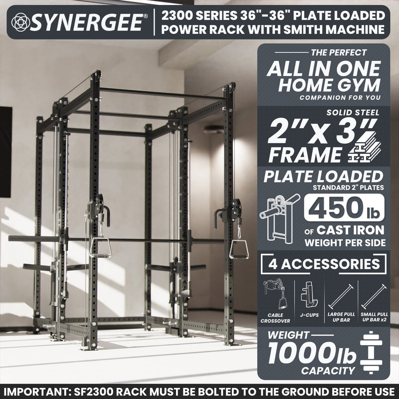 Synergee 2300 Series Power Cage with Plate Loaded Cable Cross Overs and Smith Machine
