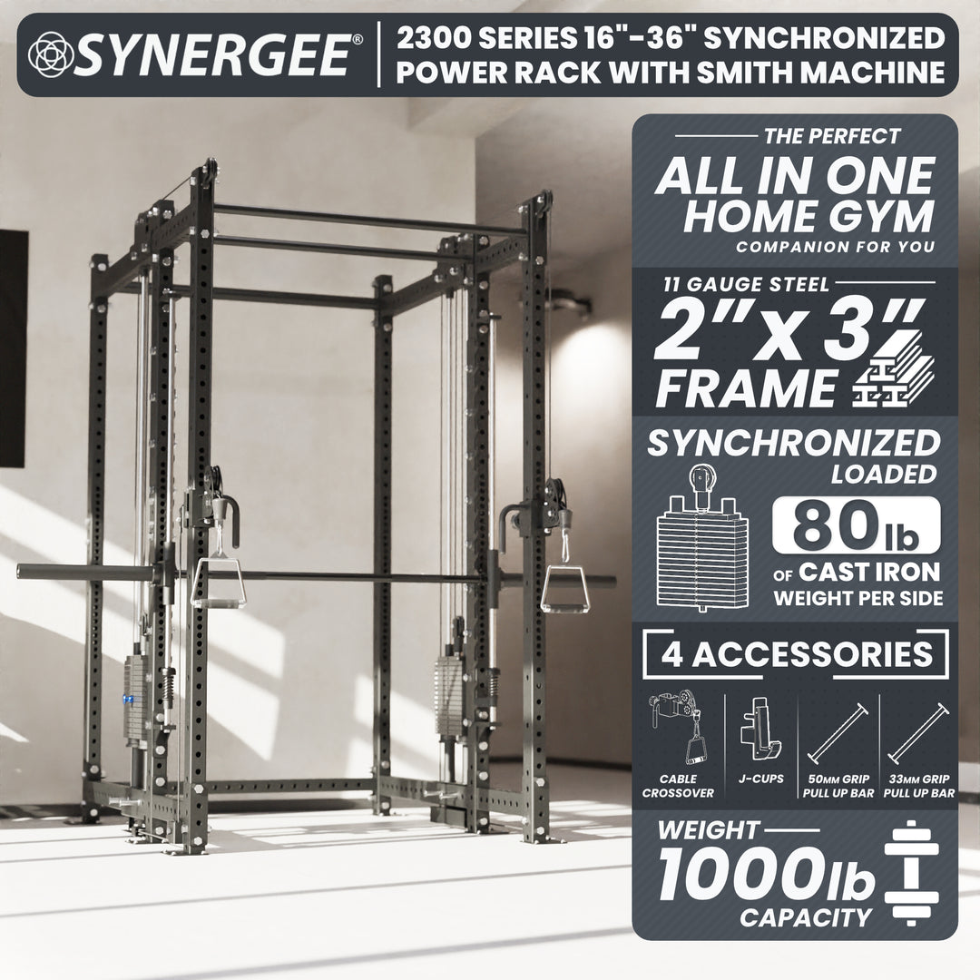 Synergee 2300 Series Power Cage with Synchronized Loaded Cable Cross Overs and Smith Machine