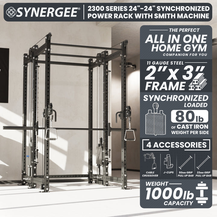 Synergee 2300 Series Power Cage with Synchronized Loaded Cable Cross Overs and Smith Machine