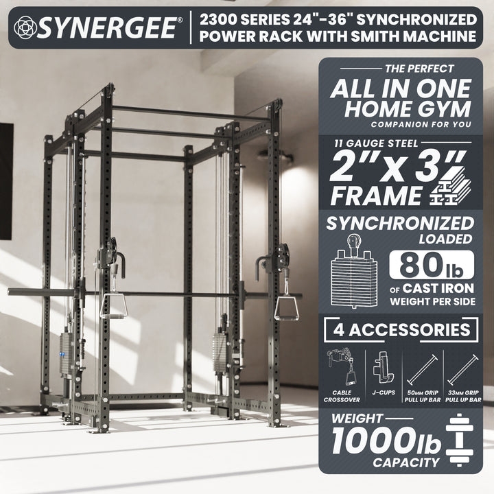 Synergee 2300 Series Power Cage with Synchronized Loaded Cable Cross Overs and Smith Machine
