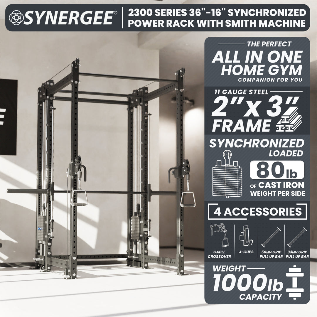 Synergee 2300 Series Power Cage with Synchronized Loaded Cable Cross Overs and Smith Machine