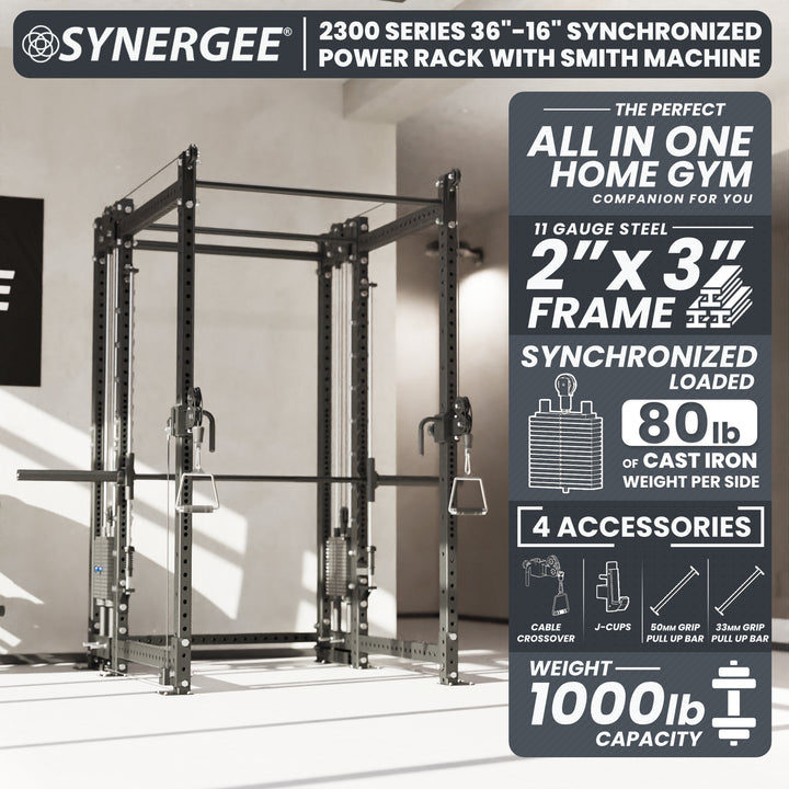 Synergee 2300 Series Power Cage with Synchronized Loaded Cable Cross Overs and Smith Machine