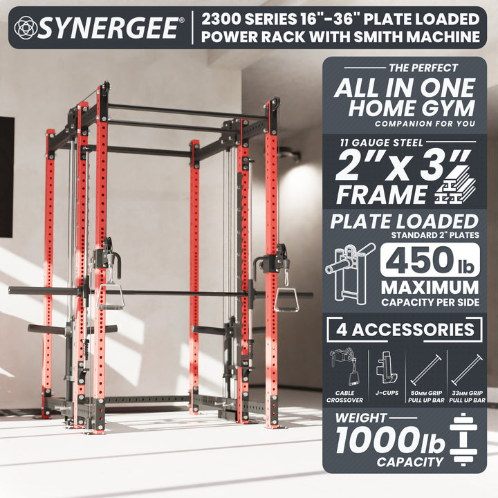 Synergee 2300 Series Power Cage with Plate Loaded Cable Cross Overs and Smith Machine