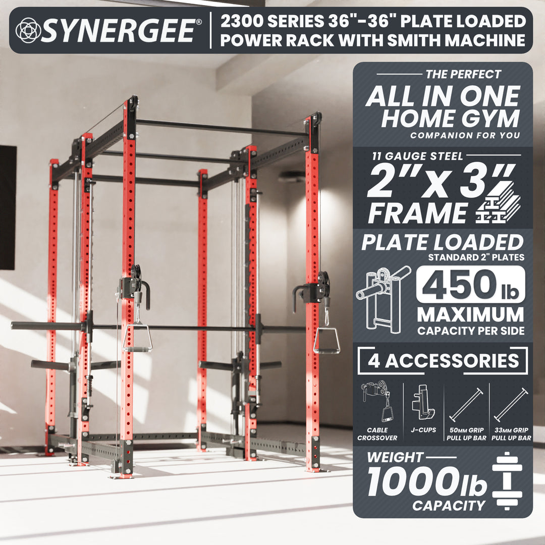 Synergee 2300 Series Power Cage with Plate Loaded Cable Cross Overs and Smith Machine