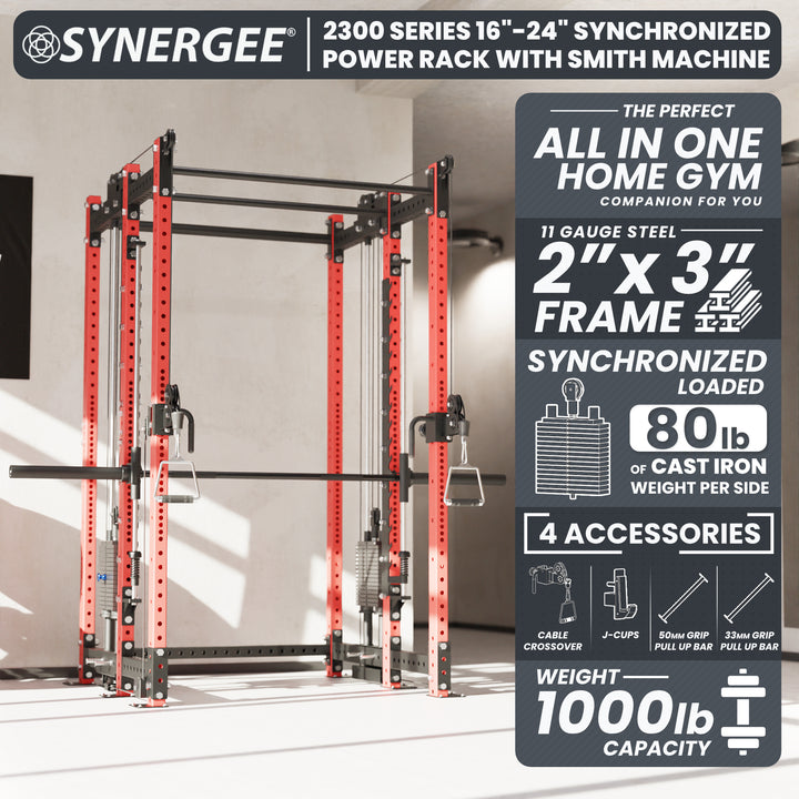 Synergee 2300 Series Power Cage with Synchronized Loaded Cable Cross Overs and Smith Machine
