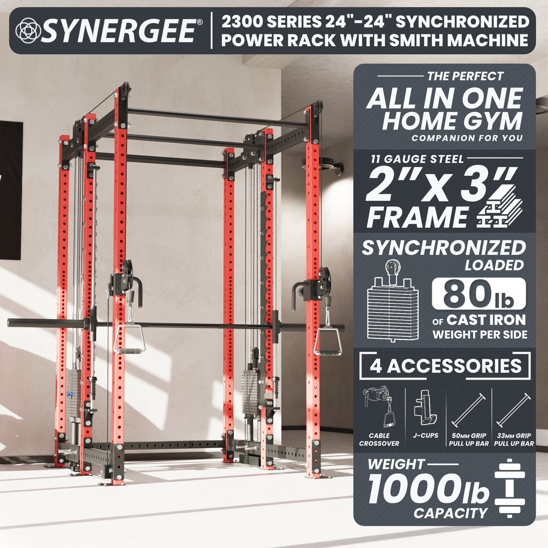 Synergee 2300 Series Power Cage with Synchronized Loaded Cable Cross Overs and Smith Machine