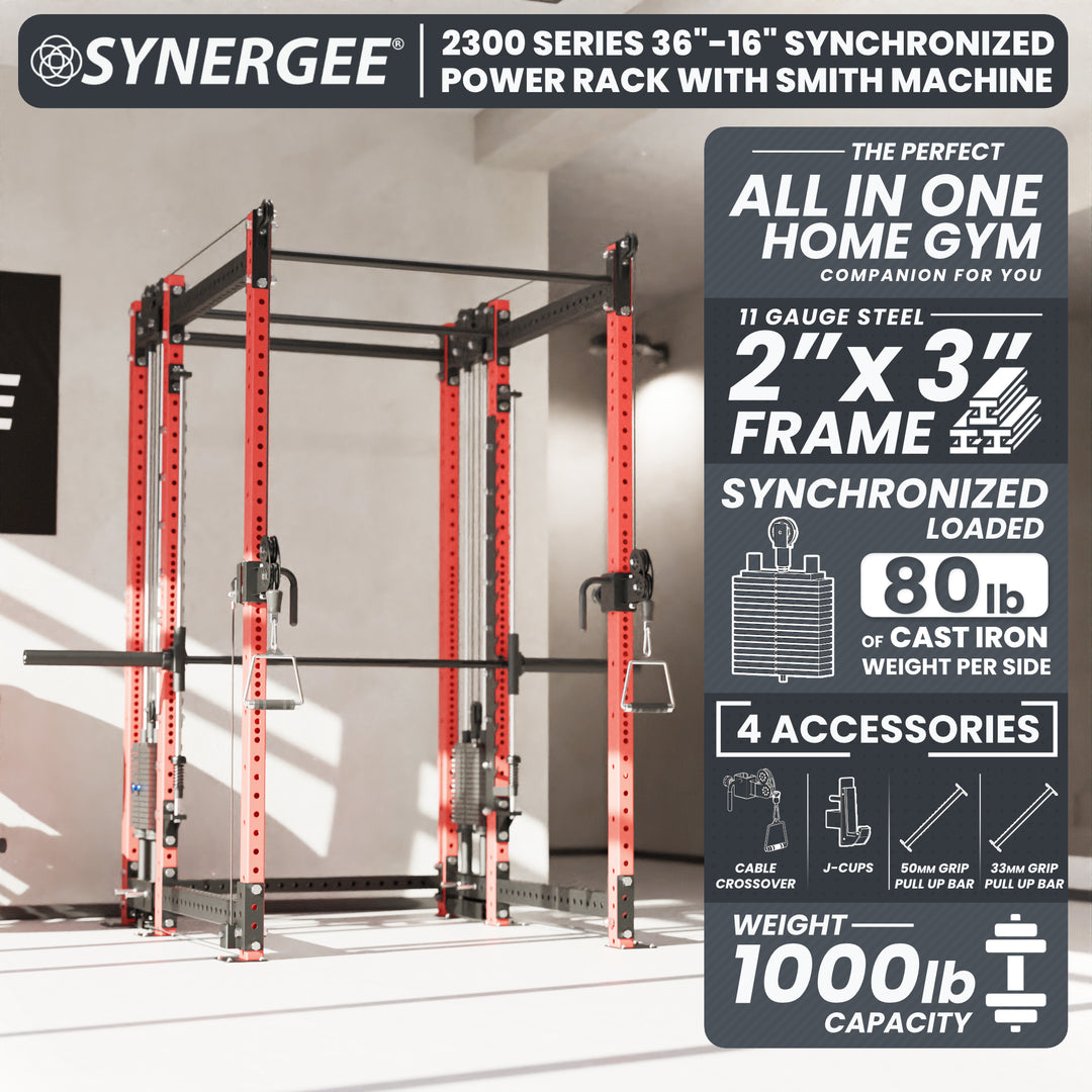 Synergee 2300 Series Power Cage with Synchronized Loaded Cable Cross Overs and Smith Machine