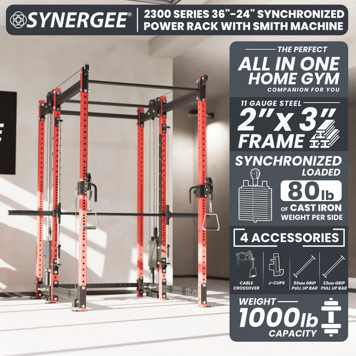 Synergee 2300 Series Power Cage with Synchronized Loaded Cable Cross Overs and Smith Machine